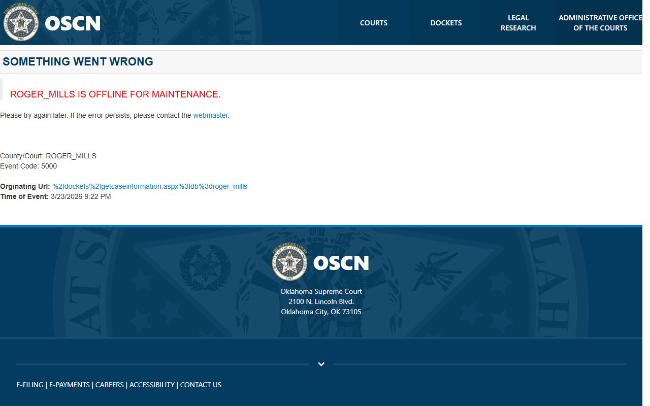 Roger Mills County traffic ticket records ODCR case search