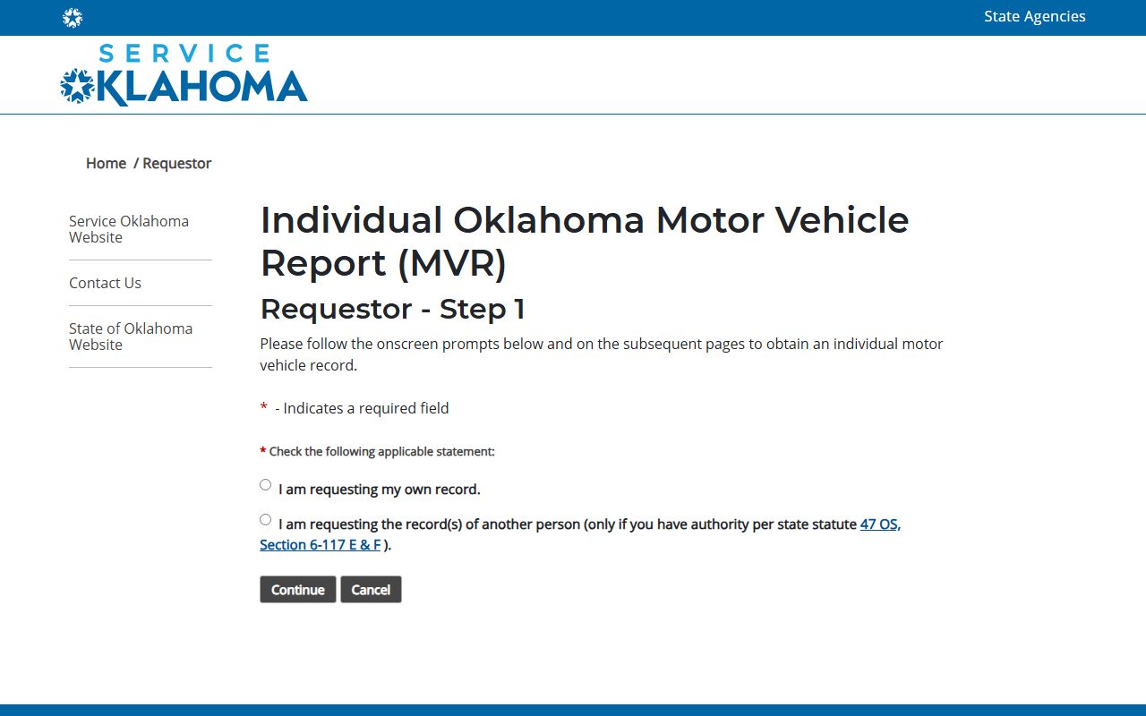 Oklahoma DPS motor vehicle record request portal for driving history lookups