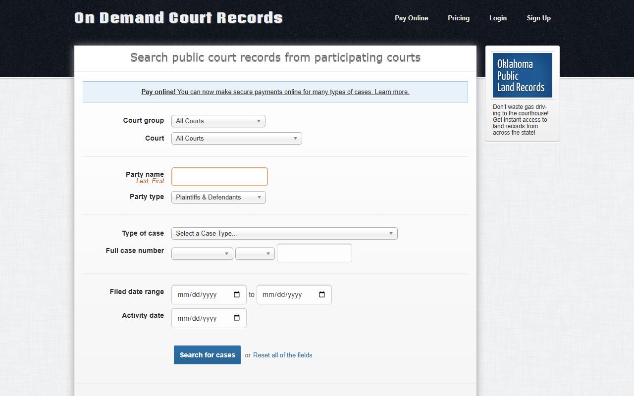 ODCR On Demand Court Records search tool for Oklahoma traffic ticket records including Woods County