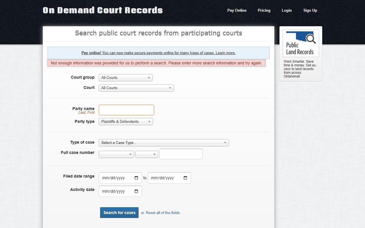 ODCR search portal for Oklahoma traffic ticket records in non-OSCN counties