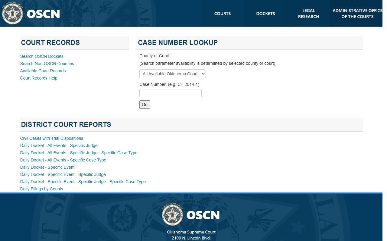 OSCN docket search interface for Oklahoma traffic ticket records lookup