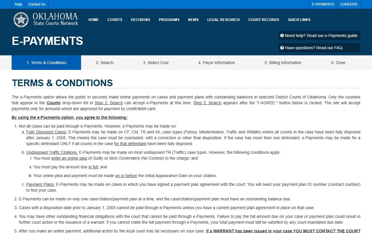 OSCN e-Payments portal for paying Oklahoma traffic ticket fines online